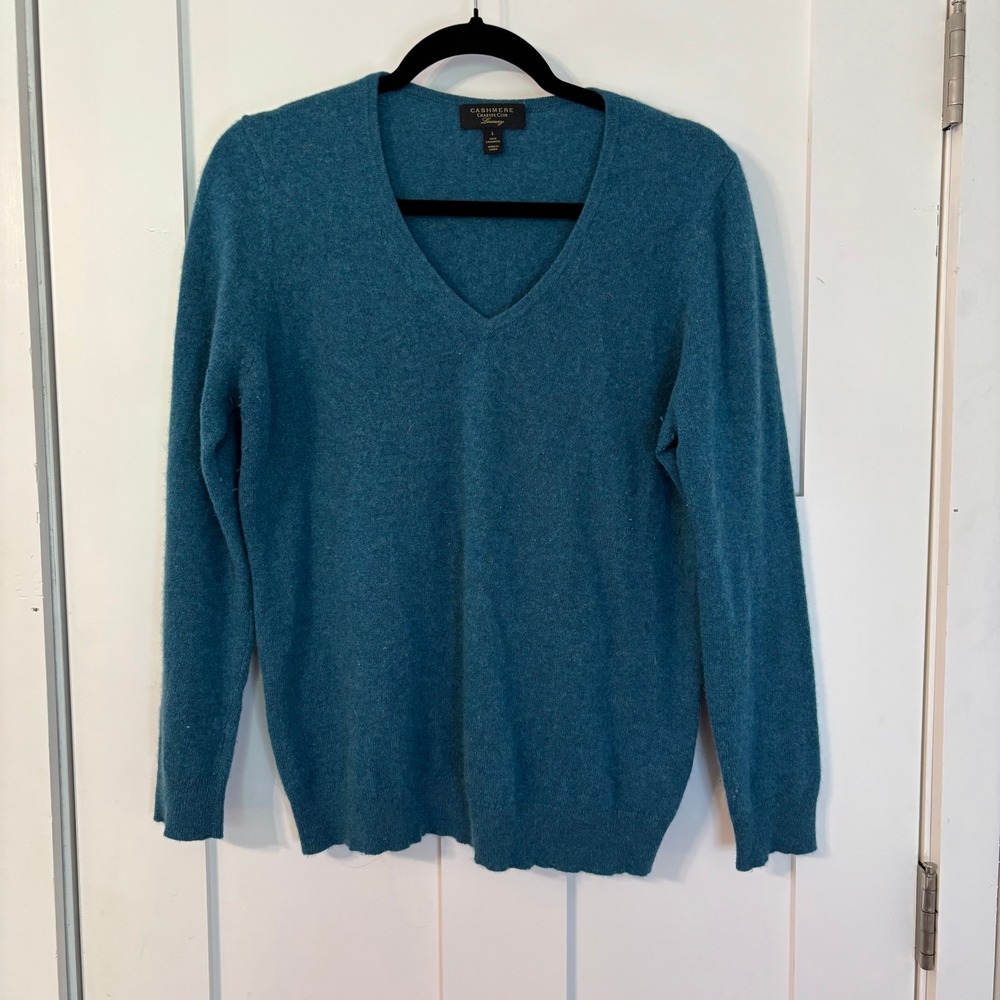 Charter Club Luxury 100% Cashmere V-Neck Sweater Teal Blue Womens Large L